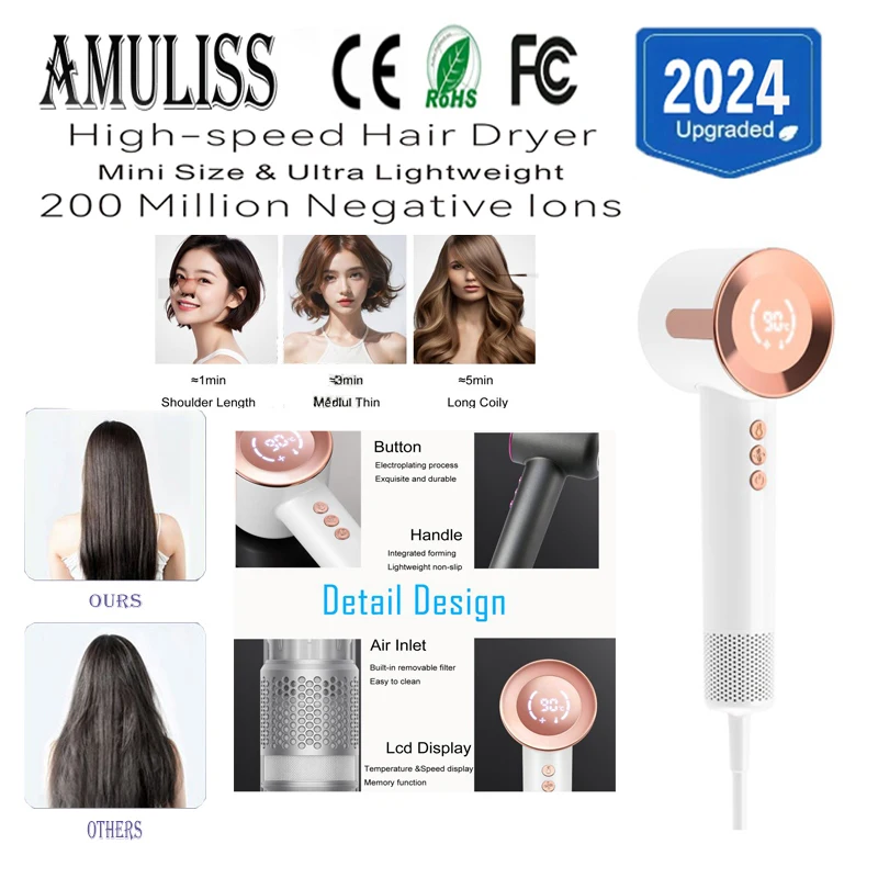 Amuliss 2024 Ionic Hair Dryer High Speed Blow Drier 110000rpm Hairdryer Negative Ion Hair Care Styler Professional Blow Dryer