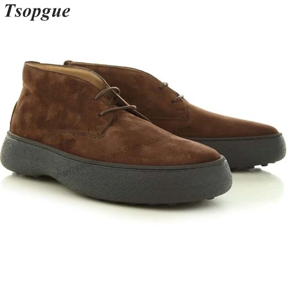 New Cross-Tied Brown Suede Thick-Soled Men's Pumps Men Shoes Slip-On Runway Casual Party Shoes 2023 Fashionable Zapatillas Muje