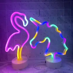 Battery/USB LED Neon Night Light Sign Flamingo Unicorn Coconut Tree Cactus Pineapple Table Lamp Kids Bedroom Christmas Art Decor