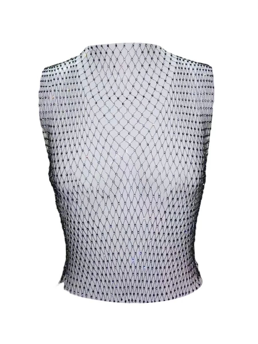 Ladies Mesh Midriff-baring Tops Women Leisure Style Rhinestone Decoration Round Collar Sleeveless Hollow Perspective Tank Top