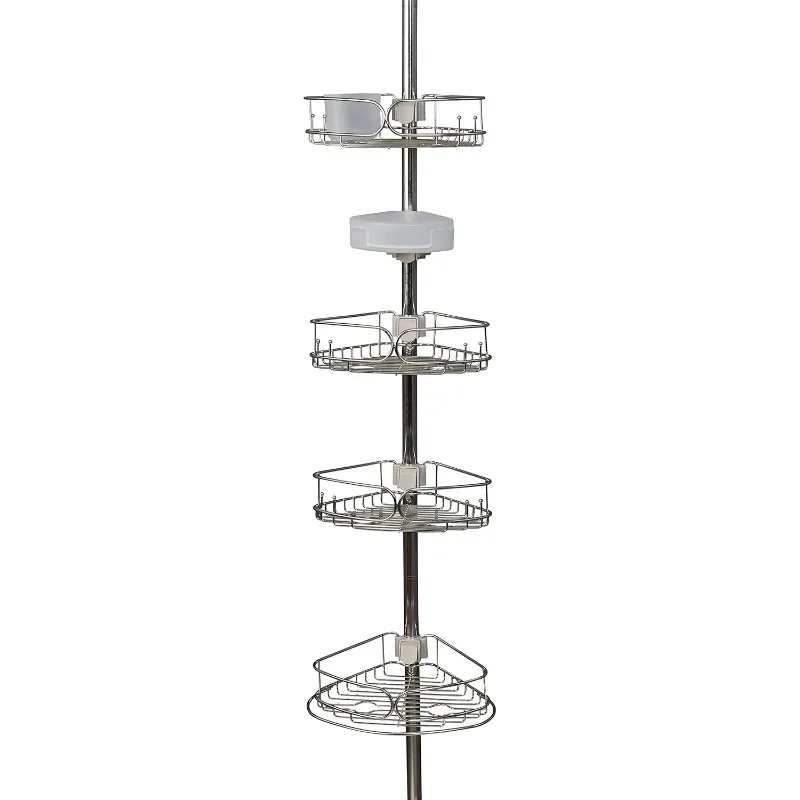 Rustproof Tension Pole Shower Caddy, Corner Caddy with 4 Bathroom Storage Shelves and Soap Dish, Adjusts from 60 to 108 Inches