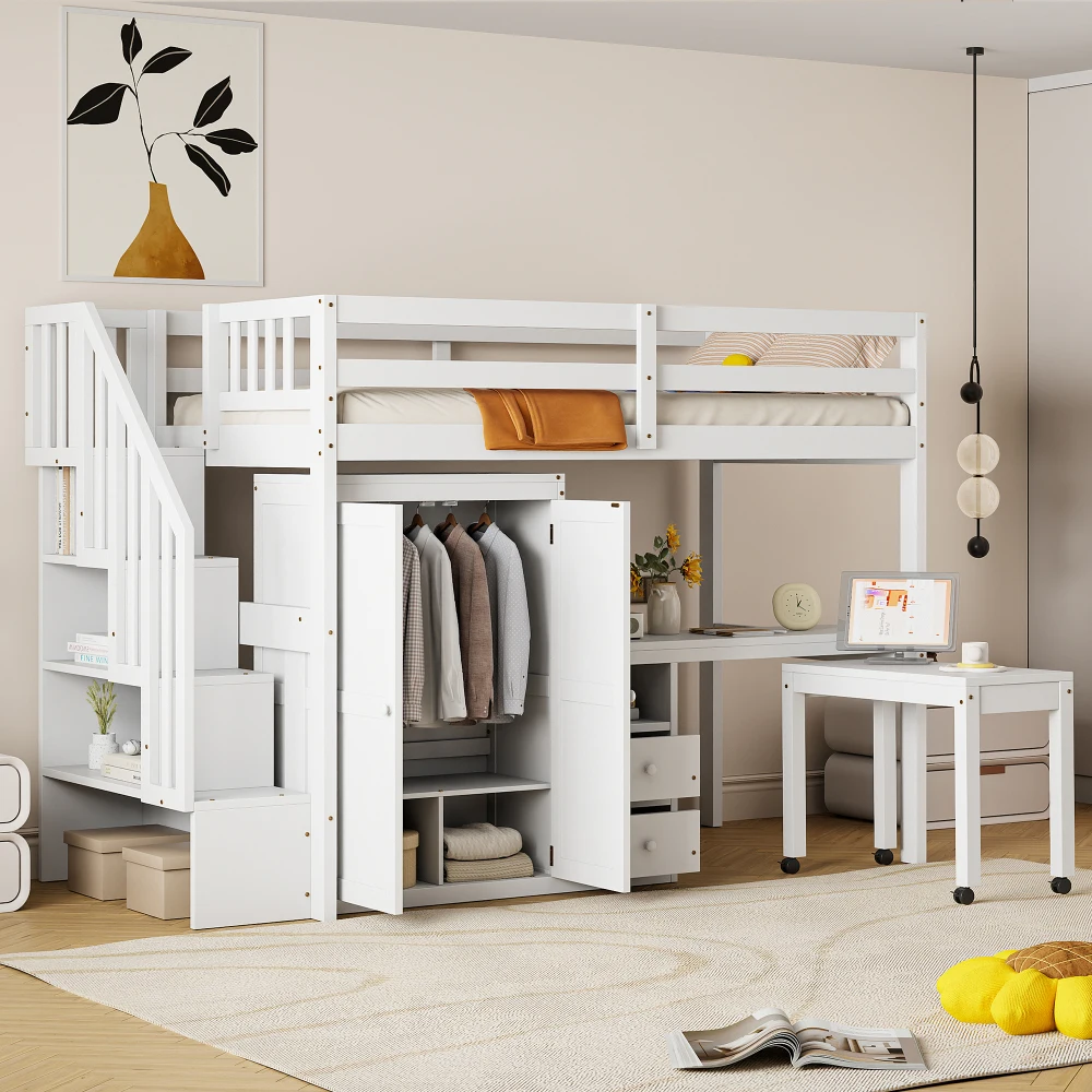 

Twin Loft Bed with Stairs, Bookshelf, Desk & Storage: Space-Saving for Kids & Teens-White