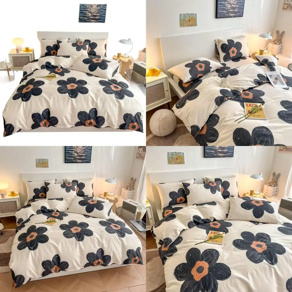 

Cute Floral Duvet Cover Set, 100% Cotton Bedding, Dark Gray & Black on Cream, 1 Queen Comforter Cover + 2 Pillowcases