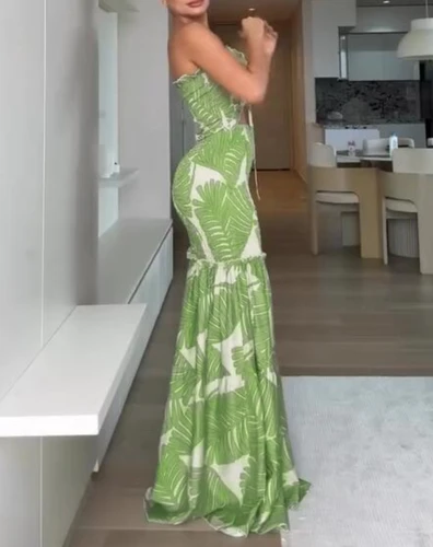 Imagen 2 del producto Vestido de vacaciones bandeau con volantes fruncidos y cordón con estampado tropical Vestido de sirena con dobladillo con volantes y cintura ceñida