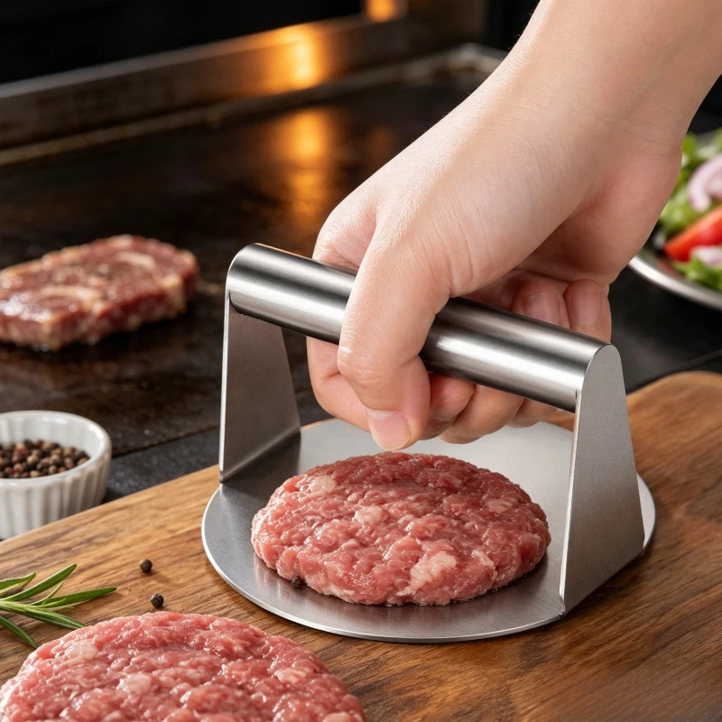Stainless Steel Burger Press Manual Round Meat Smasher for Steak Squid Pizza Flat‑Top Grill Kitchen Cooking Tool