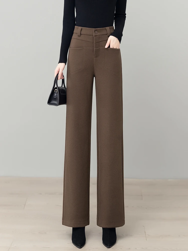 

High Waist Thickened Woolen Narrow Leg Pants Women's Autumn Winter Straight Cut Casual Trousers Korean Style Commute Fashion