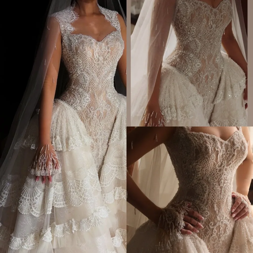 

Sparkly A Line Wedding Dress For Women Sweetheart Neck Long Sleeves Bridal Gown Sequins Appliques Detachable Train Customized