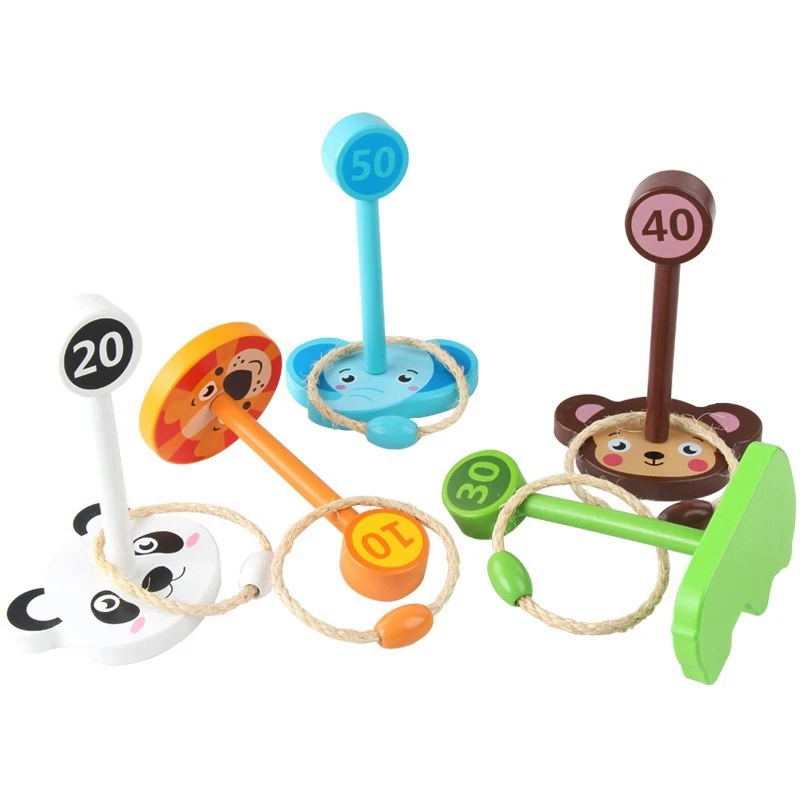 Anillo de lanzamiento de animales de dibujos animados, juego de virola de animales de madera, juego de lanzamiento de anillos de animales, juguetes para niños/niños, habilidades motoras Develo