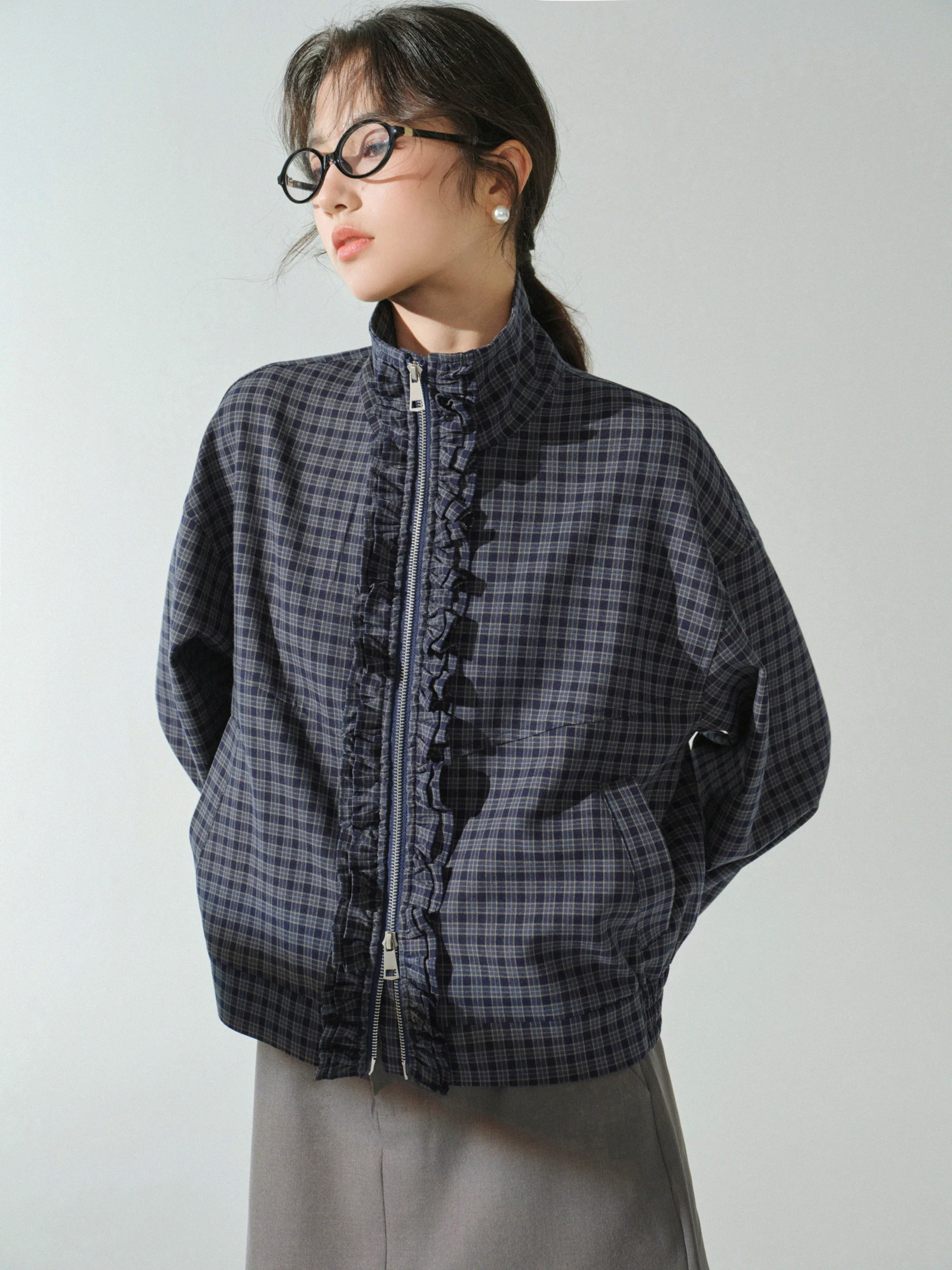 Retro Plaid Jacket Women Stand Collar Zip Up Coat Casual Loose Fit Outerwear Autumn Retro Top for Daily Layering Street Fashion