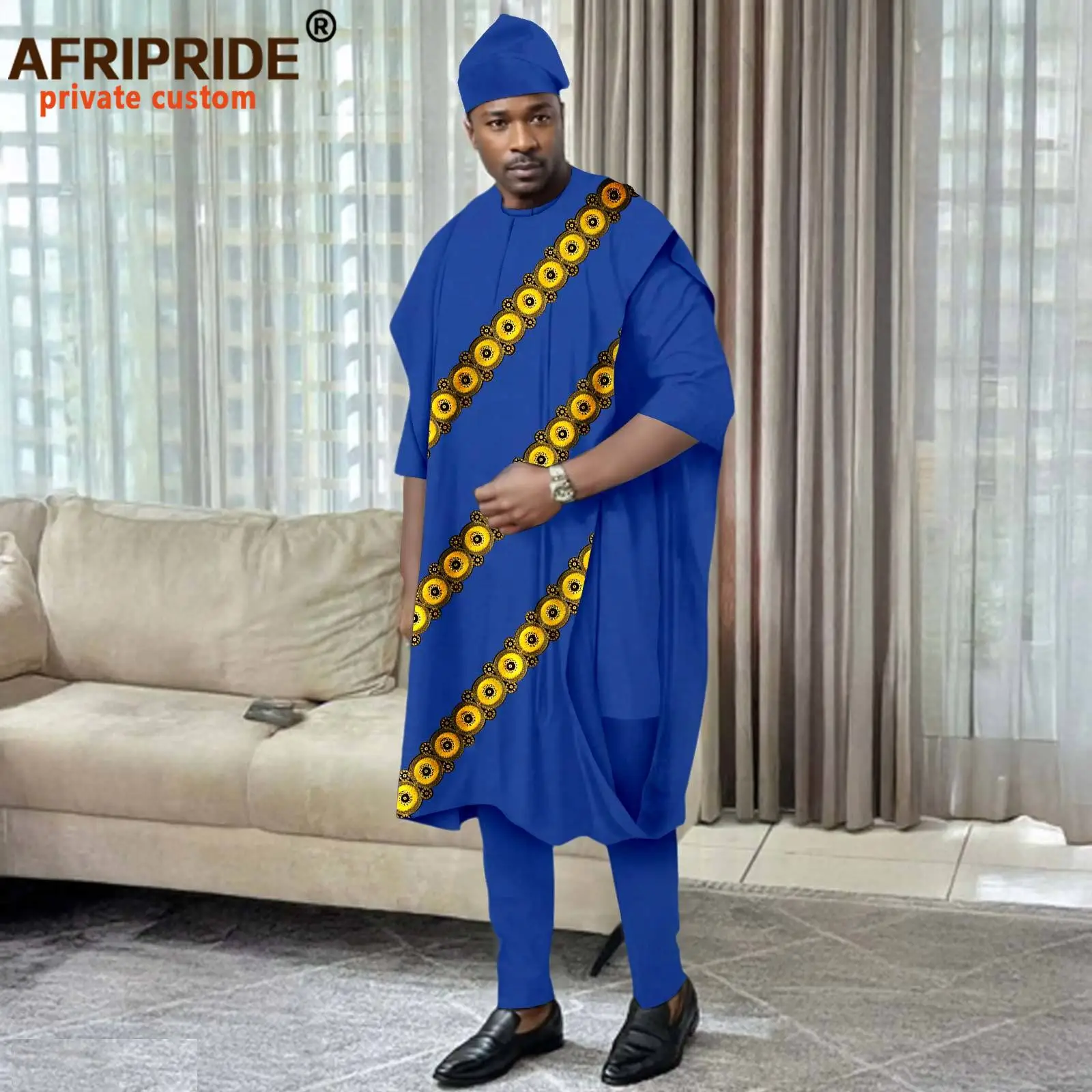 African Traditional Clothes for Men Embroidery Agbada Robe Half Sleeve Shirts Pants and Hats Set Dashiki Outfits Wedding 2516024