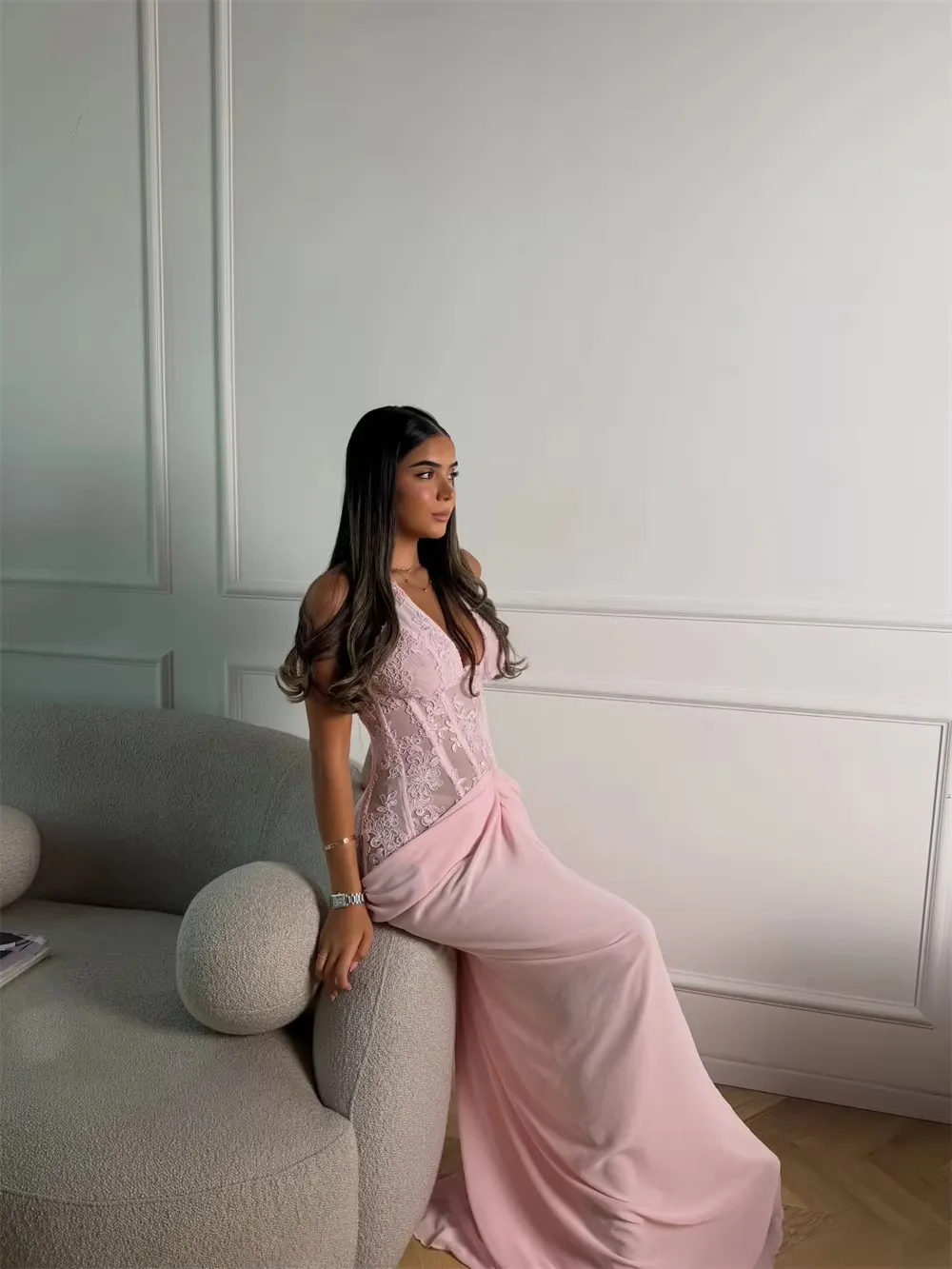 Woman Light Pink Halter V Neck Mermaid Dresses Lace Corset Bodice Chiffon Skirt Women Bridesmaid Evening Party Dress