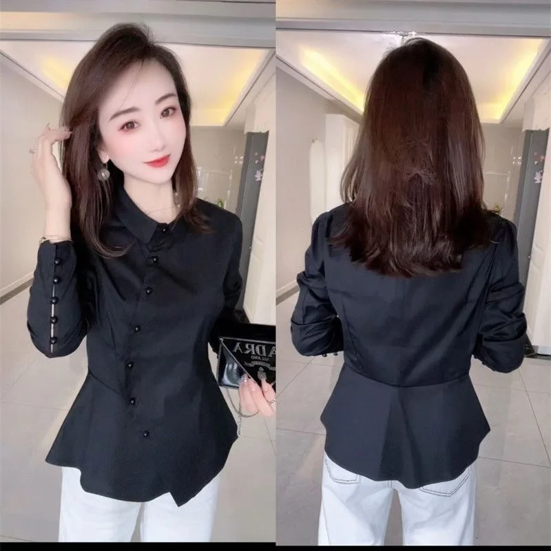 

Slim Fit Long Sve irt Faionable Diagonal Button up Profional Women's Pure Color Open Cardigan Autumn New Sle