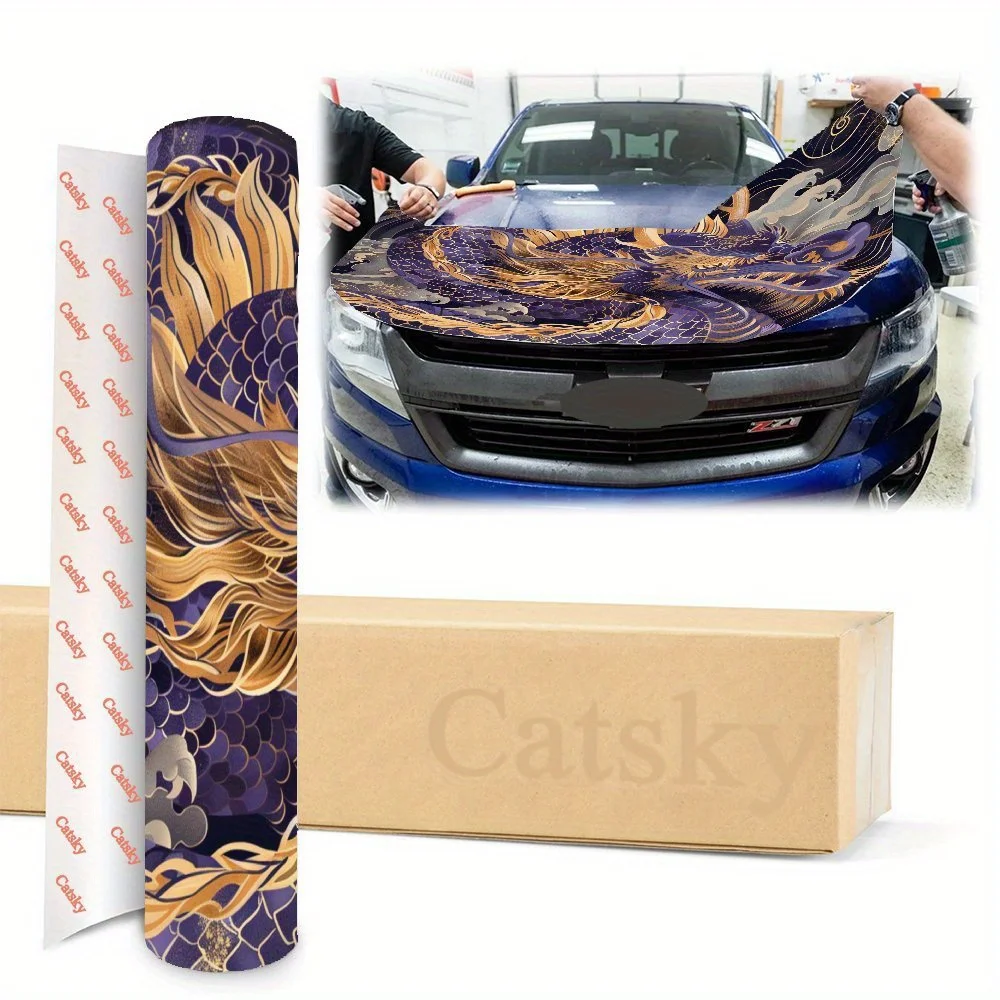 Decalque de carro de vinil de dragão roxo atraente e estilo chinês - decalque de envoltório de capô durável e resistente ao desbotamento, fácil limpeza, protegido UV -