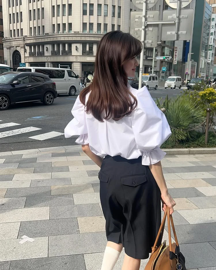Japanese Sweet Petal Collar Fungus Edge Bubble Short Sleeve Blouse 2025 New Summer Ladies Elegant White and Blue Shirts Blusas