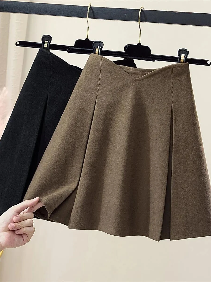 High Waist A-Line  Skirt Women's Spring Autumn plus Size Slimming f-length Pleated Skirt Faionable Korean Design