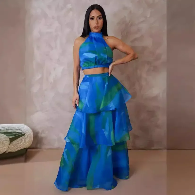 女性のためのセクシーなアフリカの服,ノースリーブプリント,ポリエステルトップ,ロングスカート,おそろいの衣装,夏服,2022, M-2XL, 2個