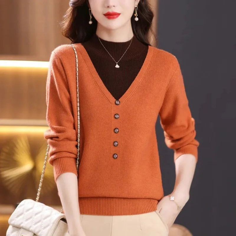 

Осень-зима, новый искусственный свитер из двух предметов, женские пуловеры с контрастными пуговицами, свободные лоскутные вязаные топы с длинным рукавом и полувысоким воротником