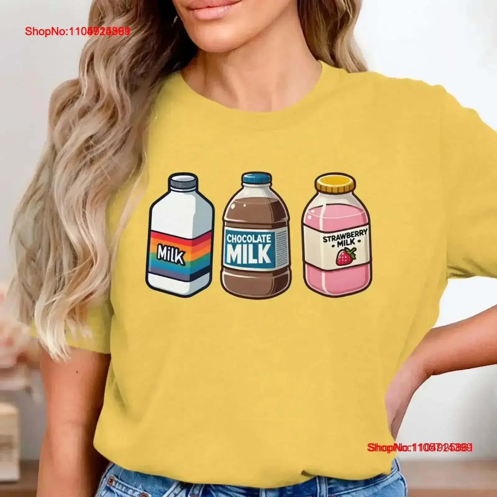Cute Milk Bottles T Shirt Colorful Bottle Chocolate Strawberry Illustration Trendy Design vintage Washed Stylish Breathable