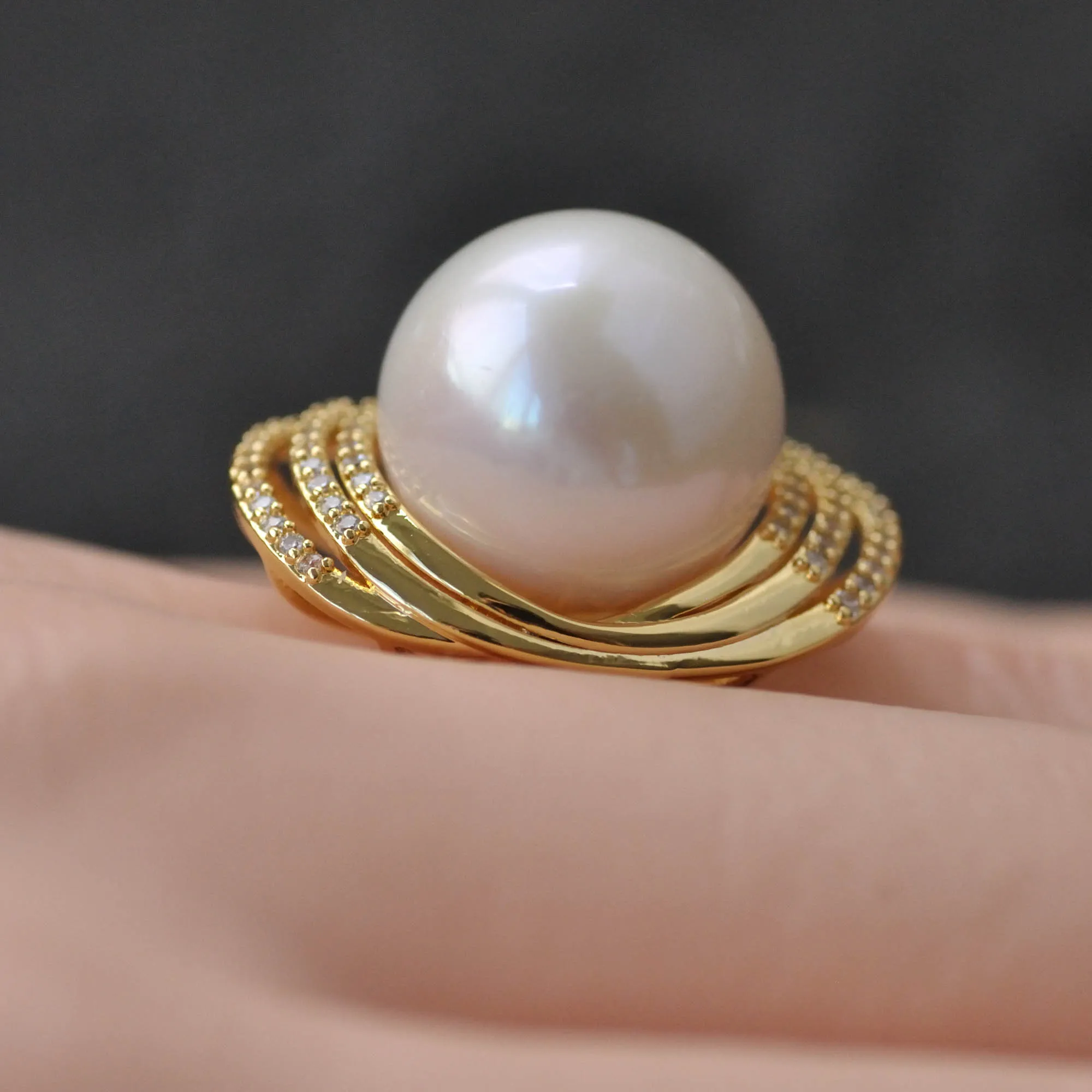 Z14680 AAA 15mm Multi Layer Twisted CZ  & Round Keshi Edison Pearl Statement Ring Gold Plated Adjustable Cocktail Ring for Women