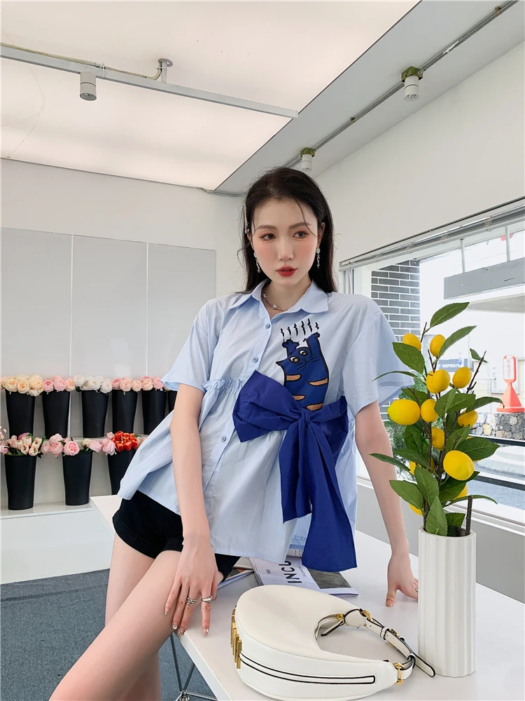 Cartoon Printed Bow Shirts Light Blue Loose 3XL Creativity Special Japanese Style Sweet Age-reducing Leisure Daily Summer Tops