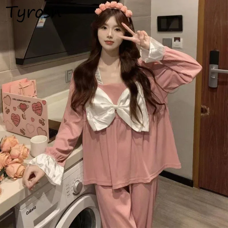 

Pajama Sets Women Lonely Fashion Simple Spring Daily Students French Style Square Collar Design Princess Bow Sleepwear Leisure