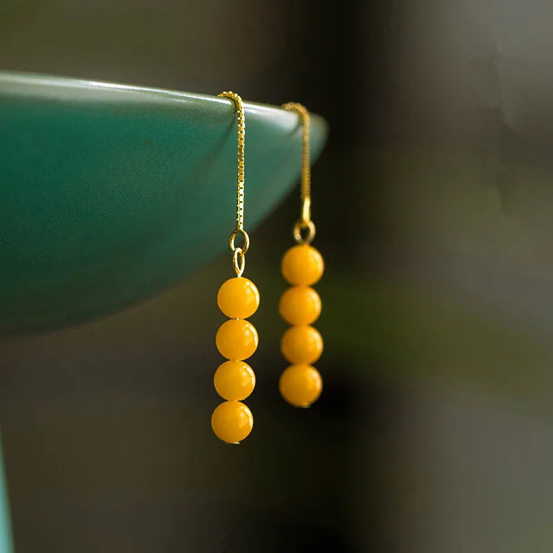 

Selected Natural Mineral Honey Round Beads S925 Silver Gold-plated Women's Classical Long Ear Line Retro Jewelry Gift