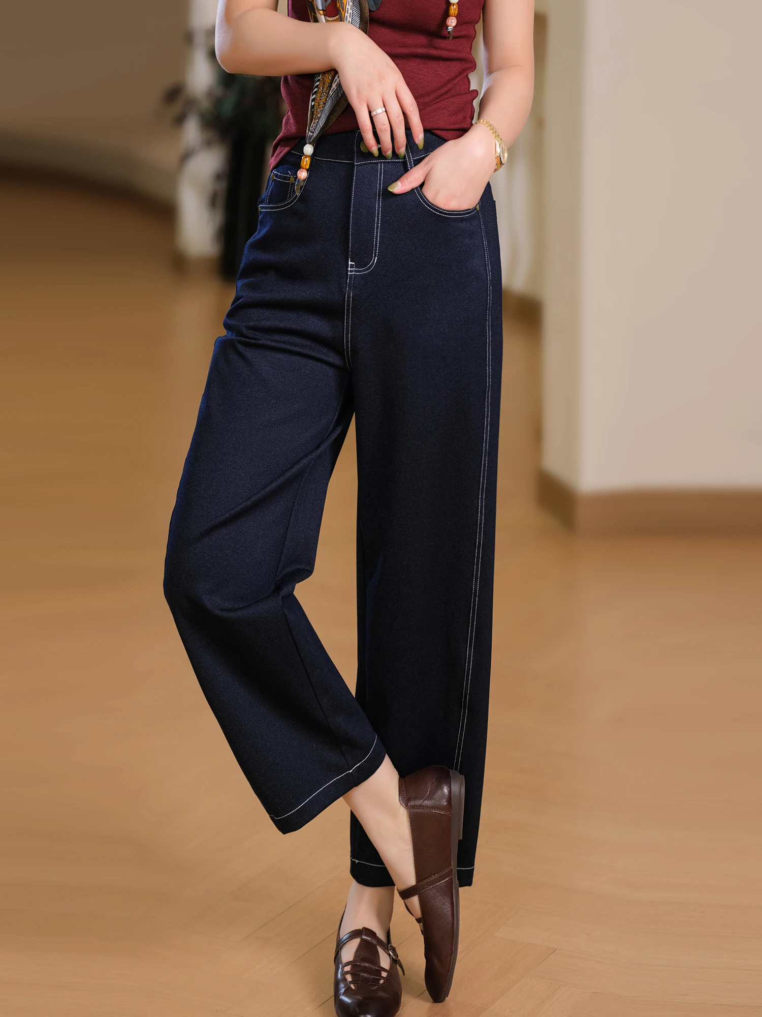 

Anti-Fade Casual Pants Women's Loose Fit Elastic Waist Denim Fashionable Knife Design Stitching Decoration