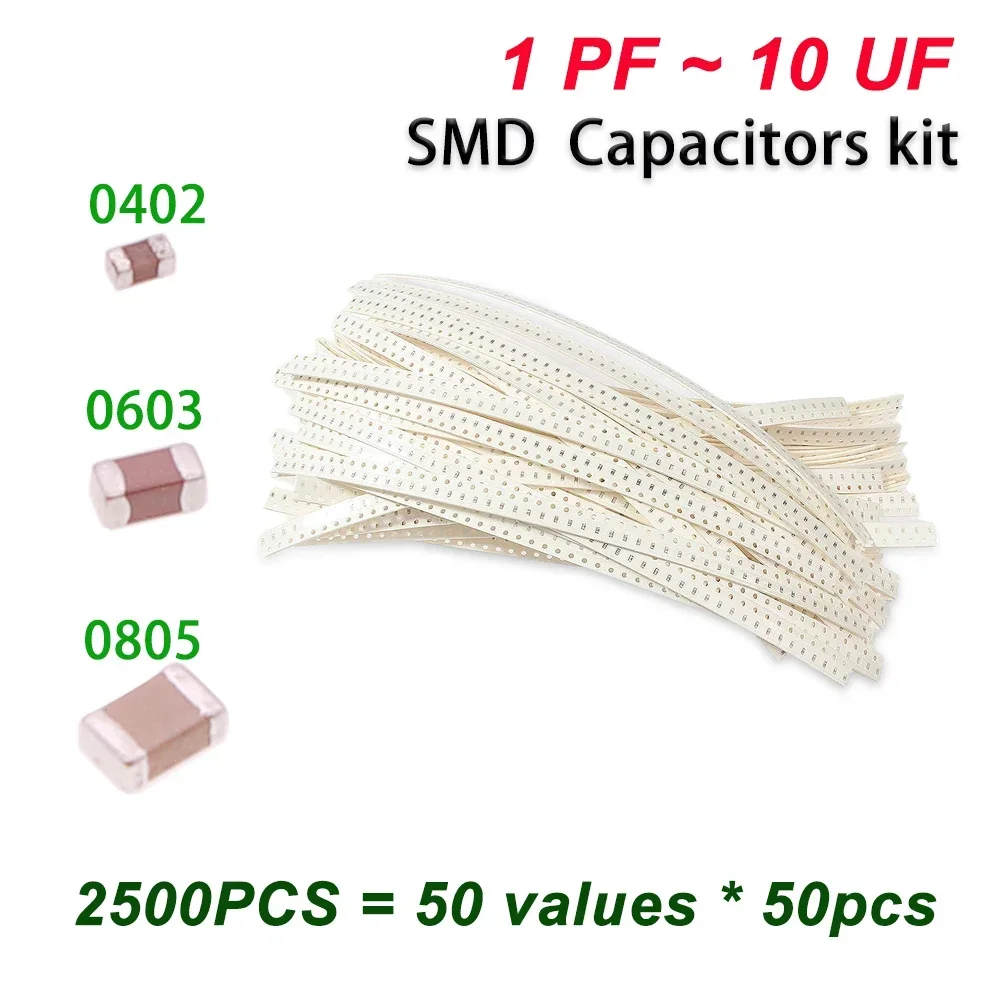 2500 шт. 0402 0603 0805 Набор керамических конденсаторов SMD 50 значений 1 пФ-10 мкФ 100PF 10NF 100NF 0,47 мкФ 1 мкФ Набор емкости чипа