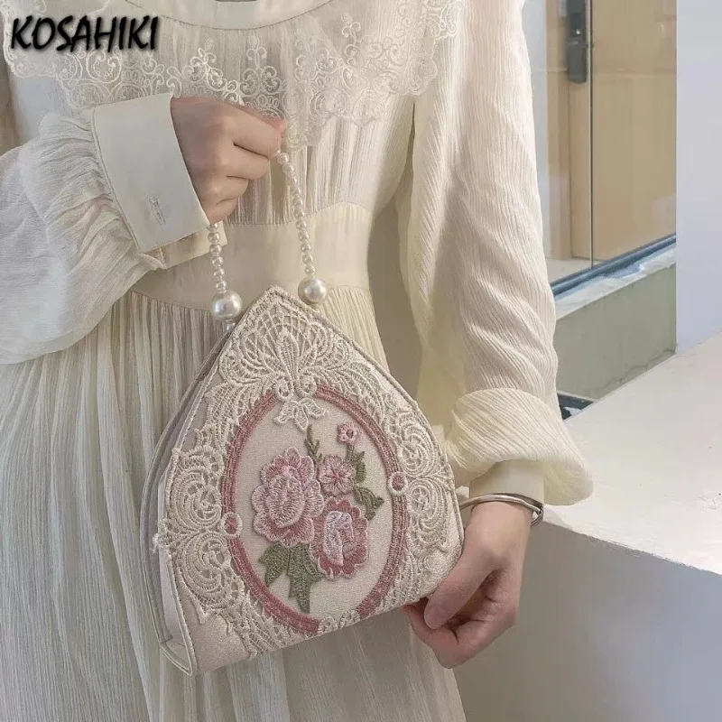 Temperament Flower Embroidery Handbags Sweet Y2k Aesthetic Chic Lace Top-Handle Bags Fairy Girls Pearl Chain Purse Women Fashion