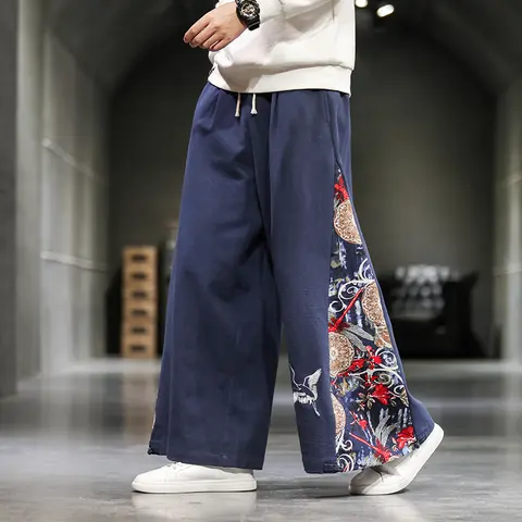 Pantalones casuales de cáñamo de algodón, ropa tradicional asiática, bordado, costura de grúa, retro, moda japonesa, nuevo, 2024