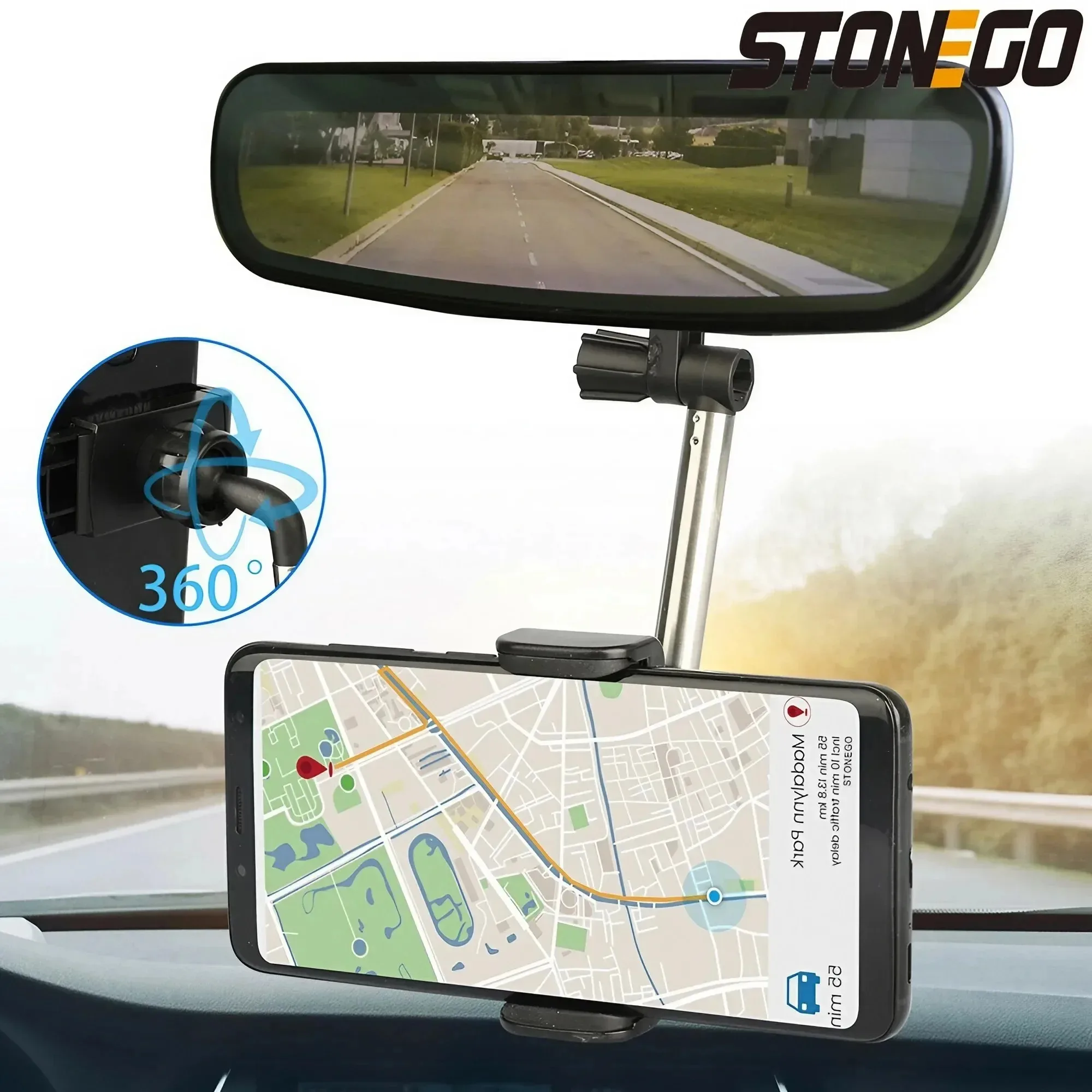 Universal 360° Car Rearview Mirror Phone Mount, Adjustable Holder for Smartphones and GPS Navigation