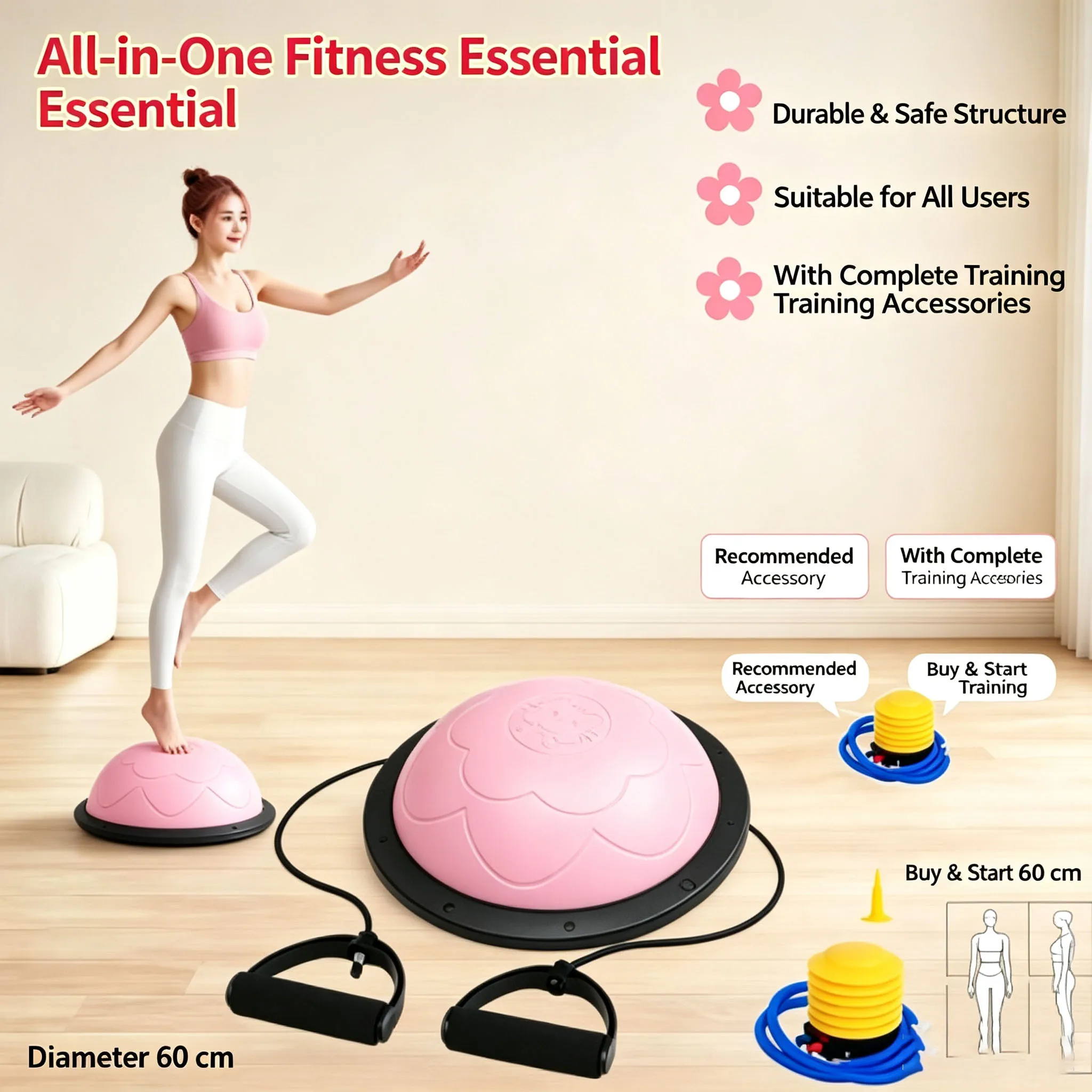 Home Fitness Half Balance Ball 46cm Pattern Anti-slip Dome with Resistance Bands Full Set Yoga Core Training Exercise Equipment