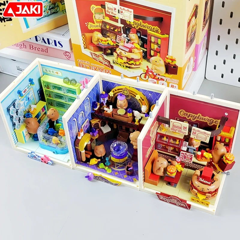 Jaki blocos de construção capivara retro combinação ornamentos em miniatura cena rua modelo lazer dos desenhos animados quebra-cabeça apresenta brinquedos