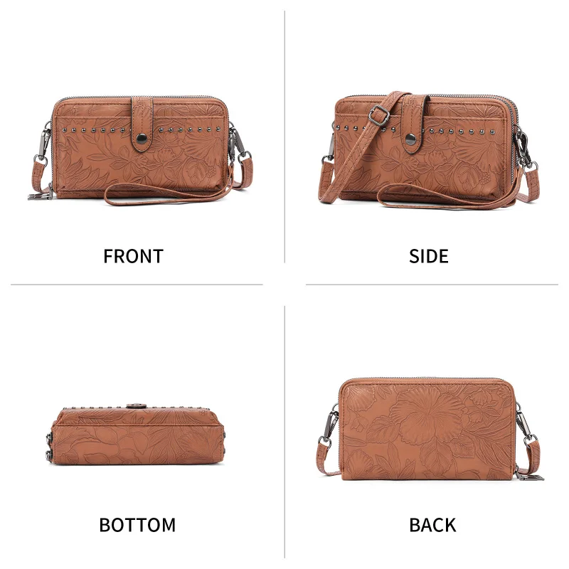Western Bohemian Retro Embossed PU Leather Crossbody Women's Bag with Rivet Carving Clutch Wallet