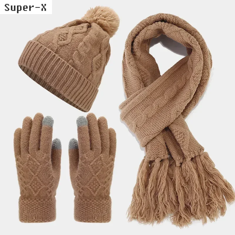 3pcs Winter Set Women Beanies Long Scarf Gloves Fur Pompom Winter Hats Thick Fleece-lined Twist Knit Scarf Fringe Solid Color