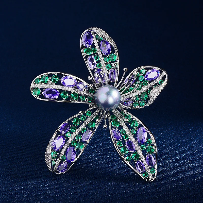 

OKILY Delicate Zircon Colorful Five Leaf Flower Brooch High-end Women's Freshwater Pearl Brooches Hollow Craft Floral Broch Pins