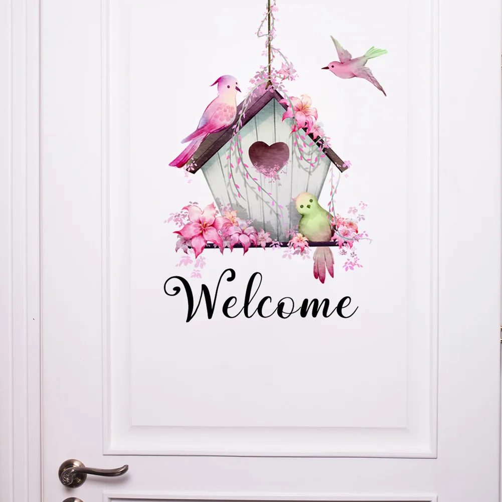

Lovely Bird House Welcome Wall Sticker Living Room Porch Background Decoration Mural For Door Decor Self-adhesive Home Wallpaper