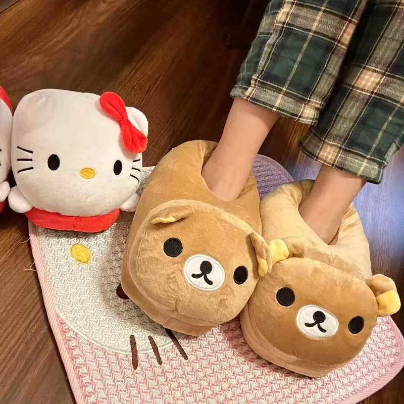 

Новые милые плюшевые кукольные тапочки Rilakkuma для девочек с большой головой, кавайные домашние нескользящие бесшумные теплые хлопковые туфли для пар, подарок на день рождения
