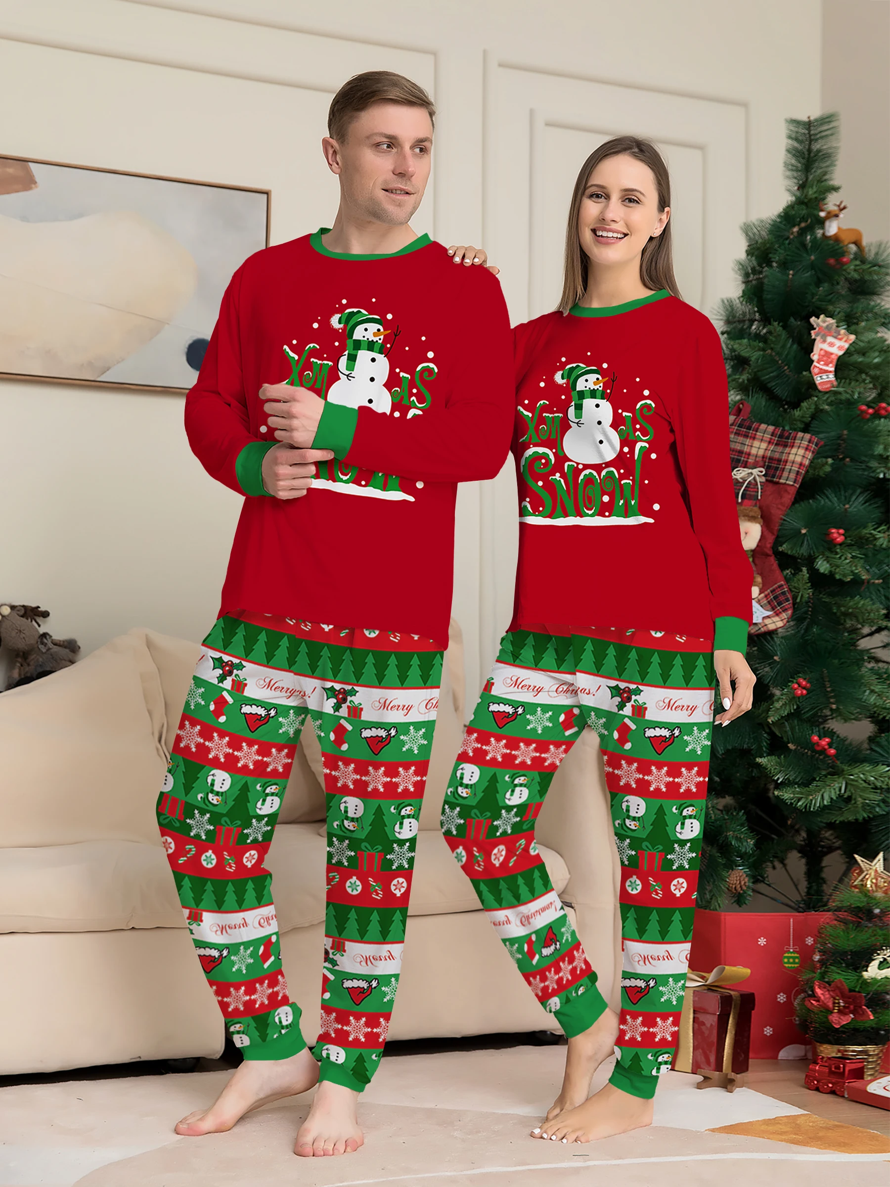커플 크리스마스 잠옷 세트 - 레드 '눈사람 프린트' 탑 & 그린-레드 체크무늬 크리스마스 바지