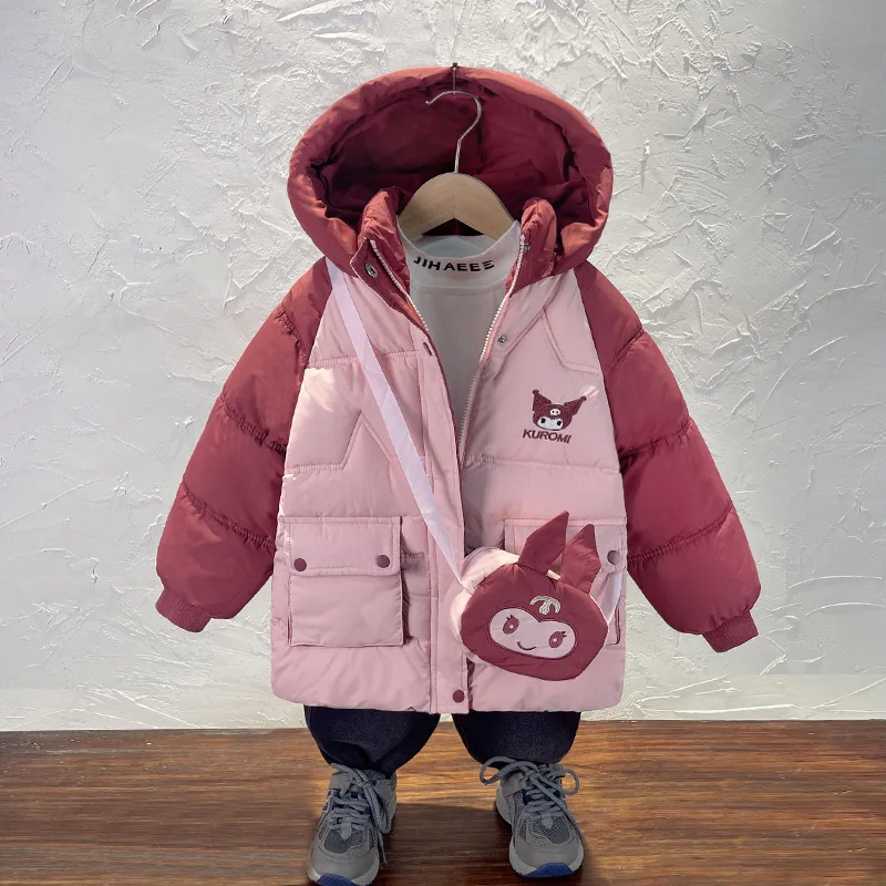 2024 Winter New Girls Down Jackets Kids Sanrio Kuromi Cotton Padded Warm Coats With Bag Children Cartoon Hooded Thicken Outwear