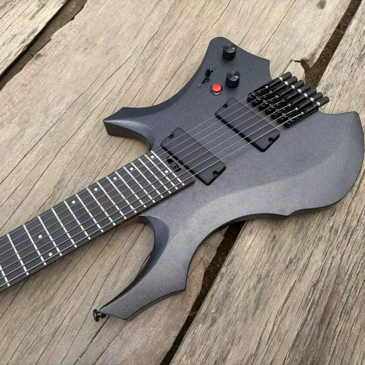 

7 String Headless Electric Guitar Satin Black Color, Active Pickups Red Killswitch, Fanned Frets 9 Piece Roasted Maple Neck