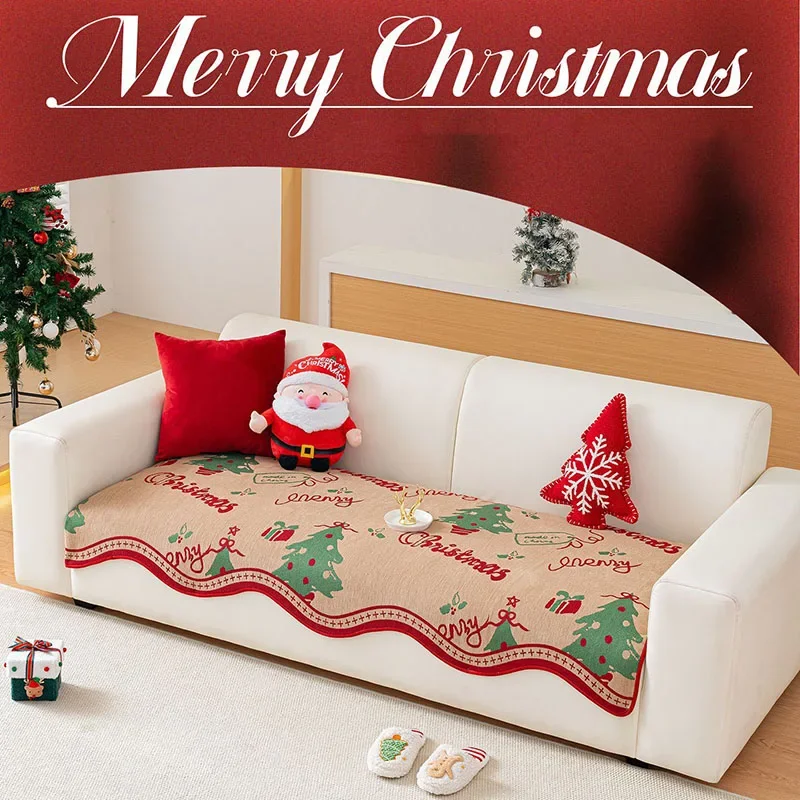 Christmas Printed Chenille Sofa Cushion Irregular Anti-Slip Couch Slipcover for All Seasons Soft Anti Cat Scratch Dust Covers
