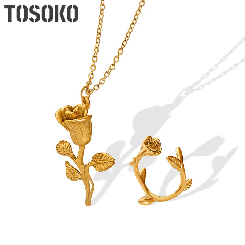 TOSOKO Stainless Steel Jewelry Carved Oil Painting Rose Ring Rose Pendant Necklace For Women BSP623-BSA122