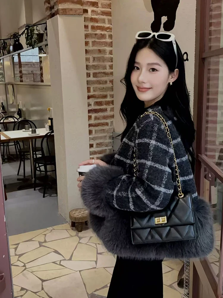 خمر منقوشة المرقعة سترة متماسكة المرأة الكورية شيك الفراء الاصطناعي خياطة سترات Y2K شتاء دافئ واحدة الصدر معاطف