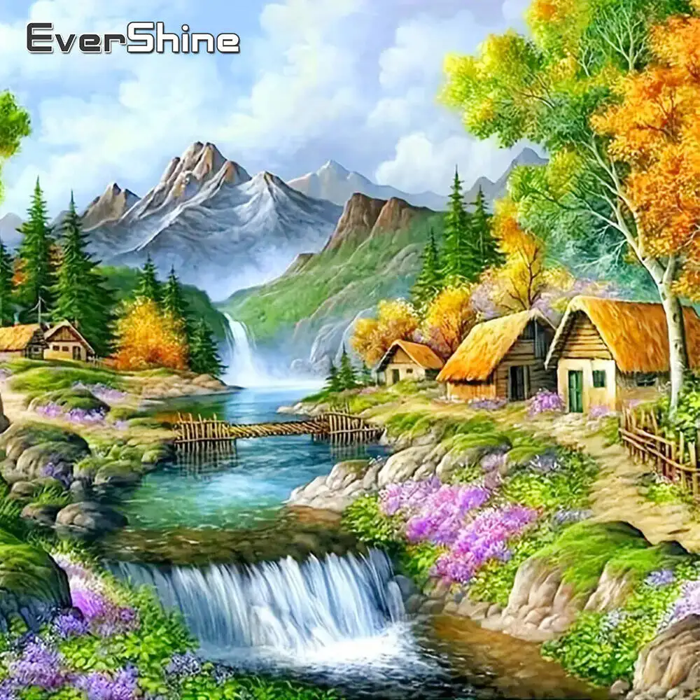 Evershine Vollquadrat Rundes Diamantgemälde Berglandschaft Haus Mosaik Baum Fluss Kreative Hobbys Dekor für Zuhause