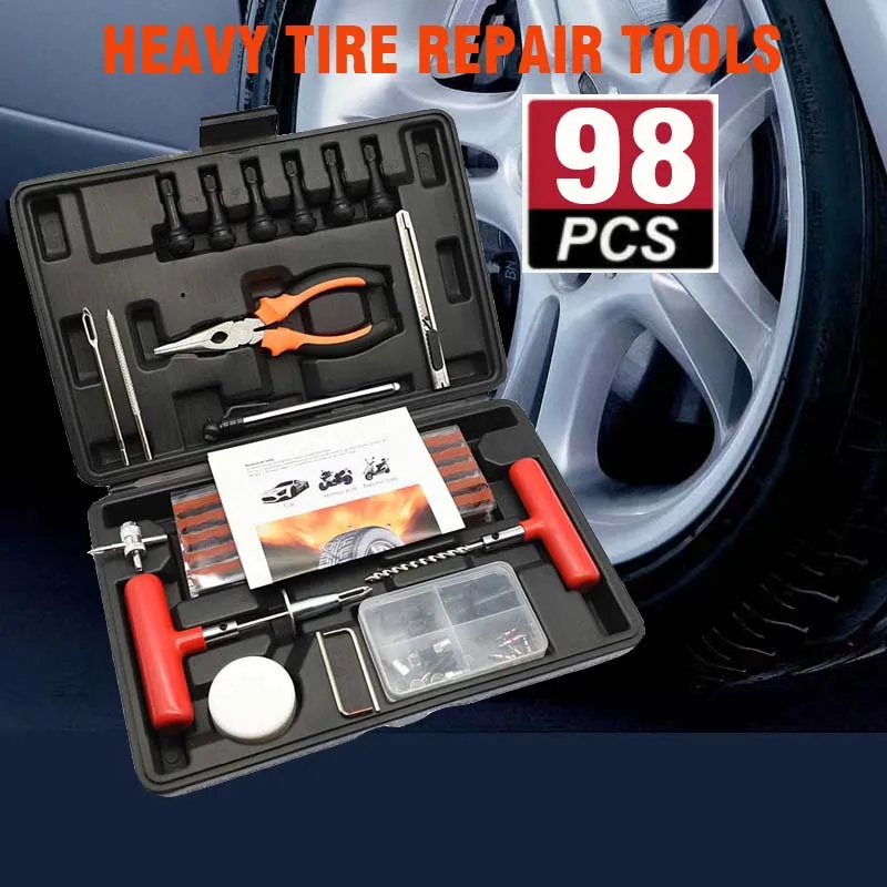 98 pcs Car Tire Repair Tool Tire Repair Kit Studding Tool Set Auto Bike Tire Repair Puncture Plug Garage Car Accessories