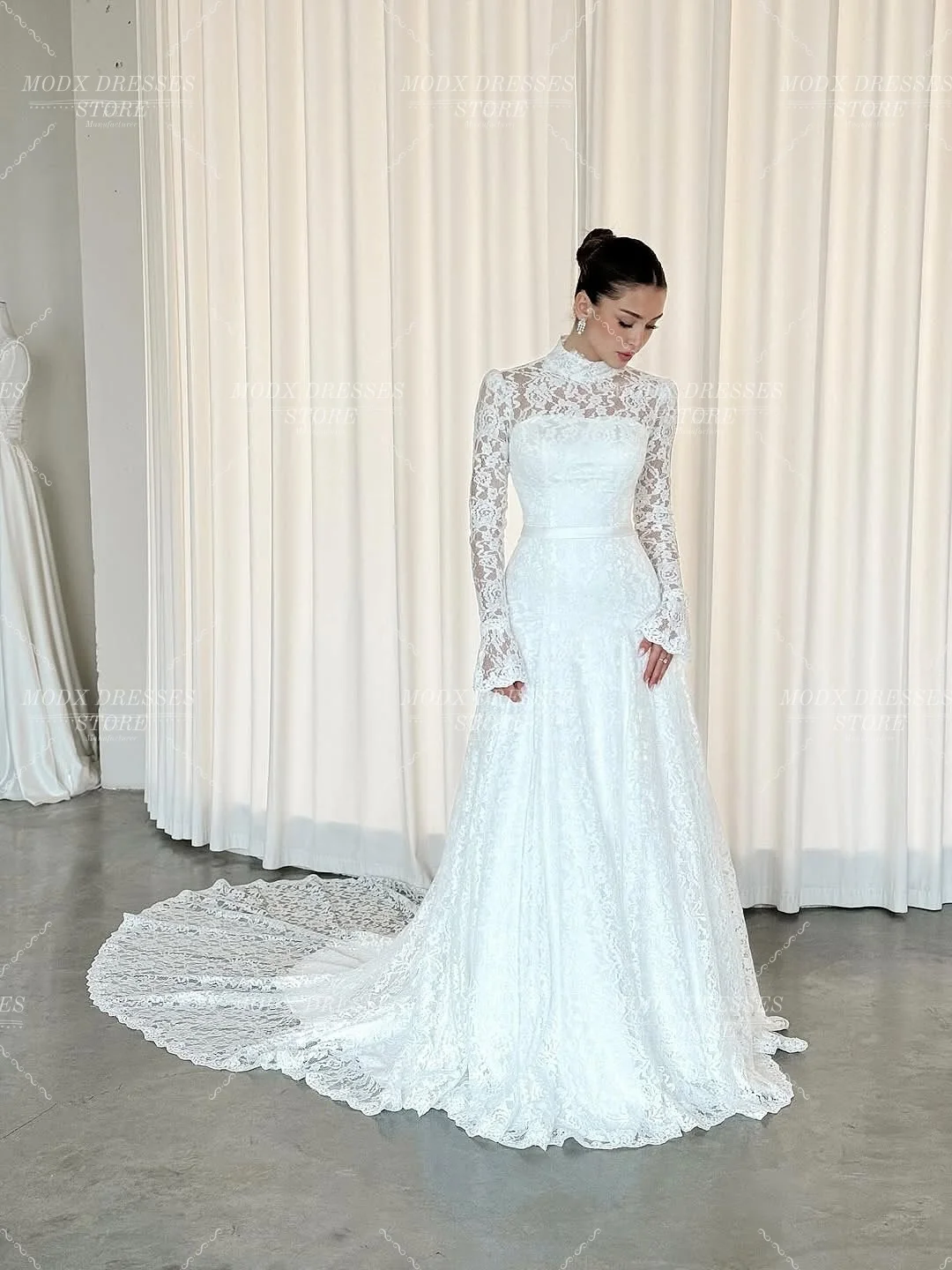 MODX Luxury High-Neck Lace Wedding Dress Modest Bridal Gown Long Sleeves Customized Floor Length Vestidos Novias Boda Women
