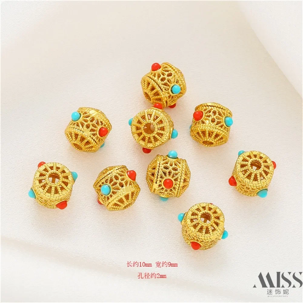 Sand Gold Hollow Burnt Blue Red Green Through Hole Bead Diy Accessories Loose Bead Handmade Bracelet Jewelry Material