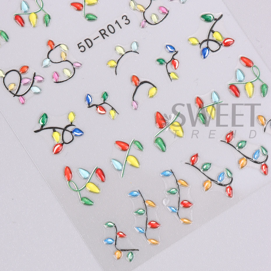 Colorful Christmas Light 5D Embossed Nails Art Stickers Snowflake Glove Decals Self Adhesive Bells Light DIY Manicure Decoration