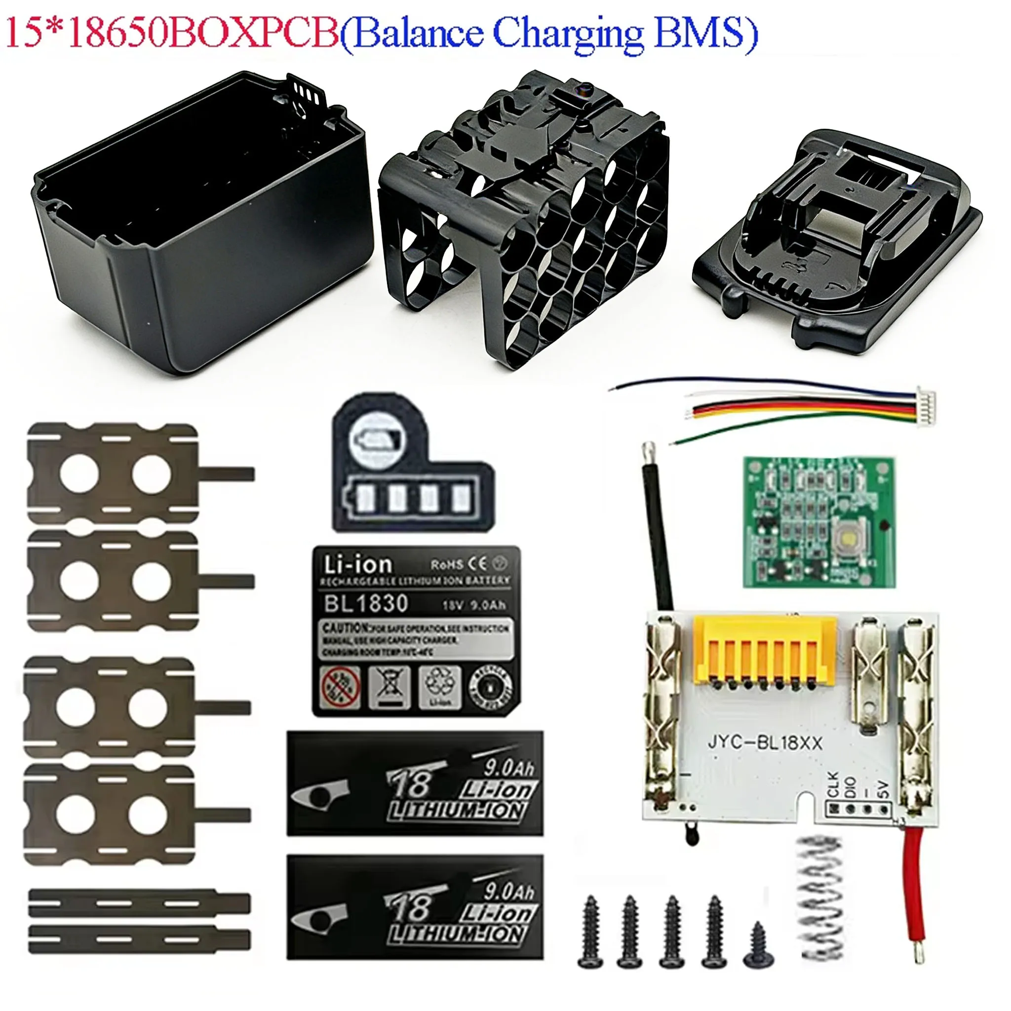 BL1890B Lithium Battery Case 15X18650 BMS Balanced Charging Circuit Board PCBA LED Key Label Box For Makita 18V BL1815 BL1830